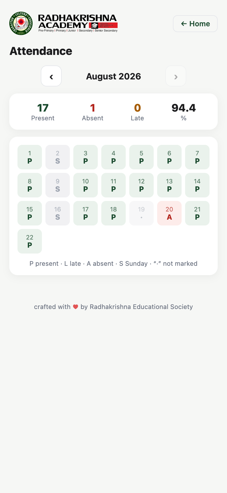 Skolix Parent attendance calendar for August 2026 showing 17 present, 1 absent