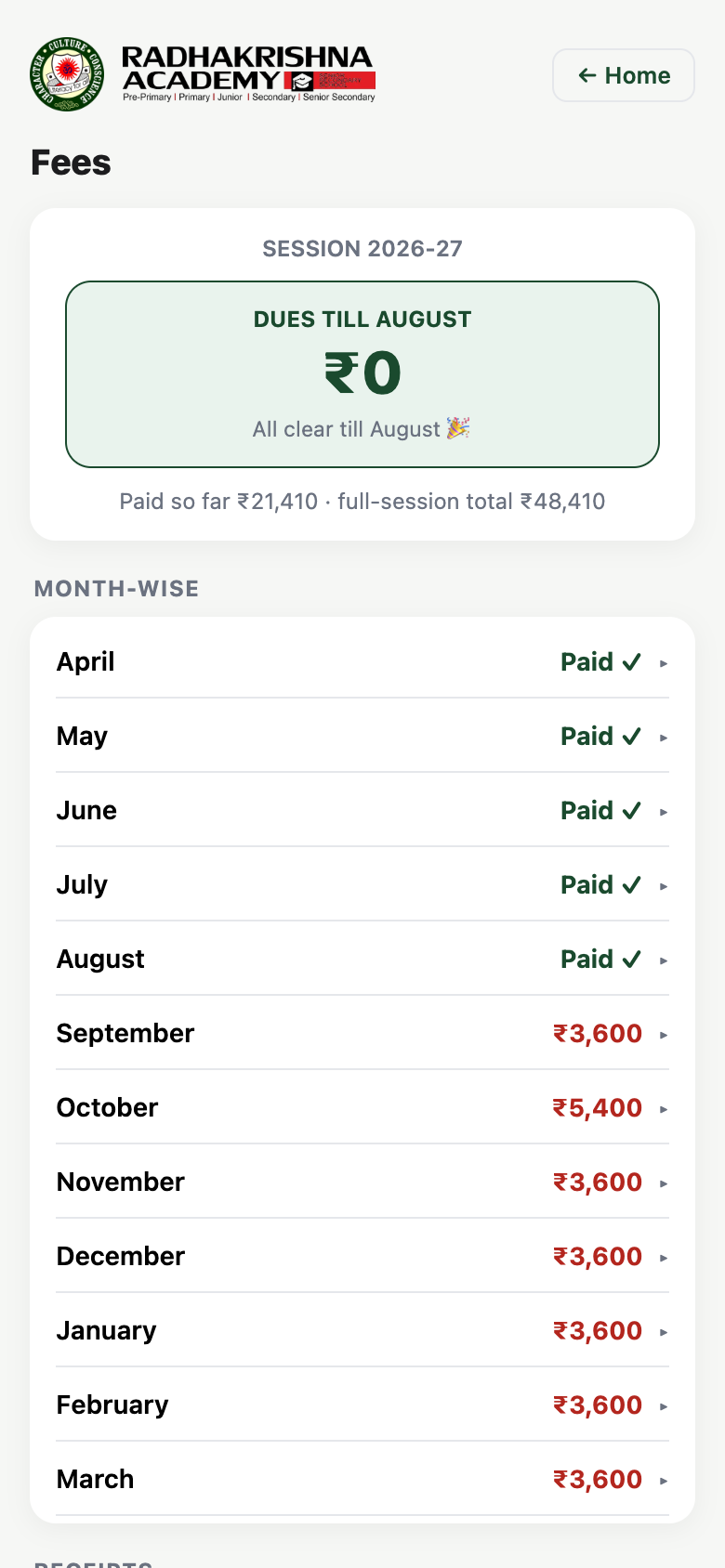 Skolix Parent fees screen showing dues cleared till August and month-wise status