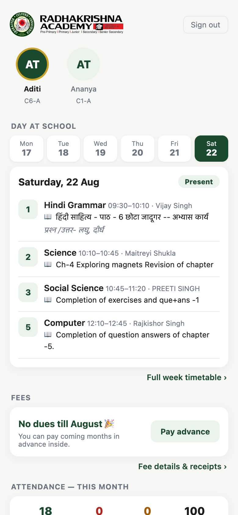Skolix Parent home screen with two children, the day’s timetable and lesson logs